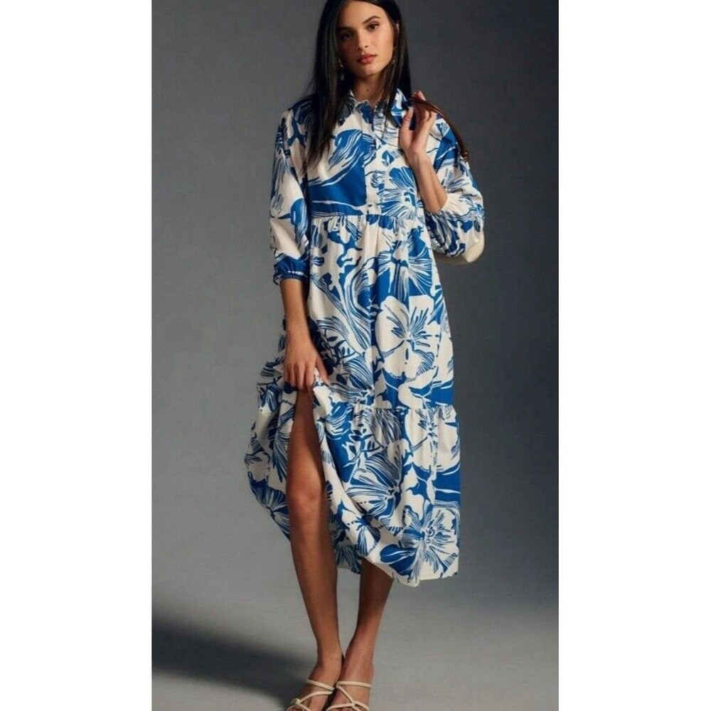 Anthropologie Maeve The‎ Bettina Shirt Dress Blue White Hawaiian Floral Print XS